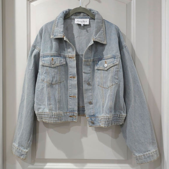 Emory Park Light Blue Wash Cropped Jean Jacket, Elastic Waistband, Unlined, L - Picture 7 of 13